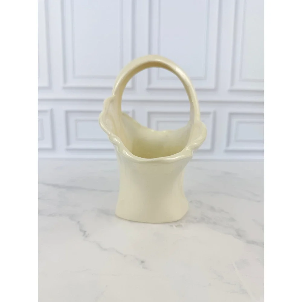 VTG Hand Glazed Ceramic White Basket 7 1/2 tall X 4 1/2 wide X 9